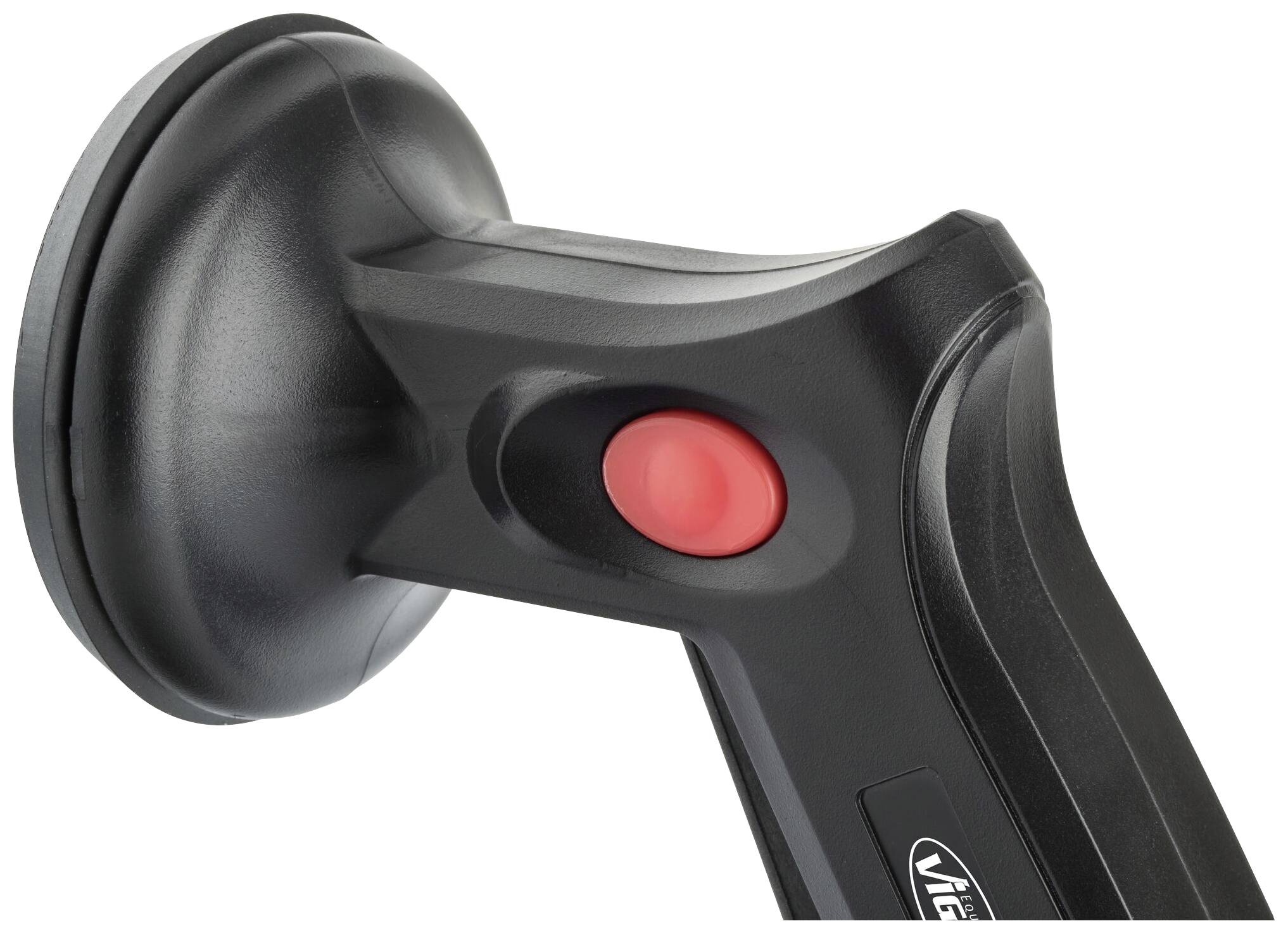 Ručné zariadenie s čiernou rukoväťou a červeným tlačidlom, vhodné na upevnenie pomocou prísavky.