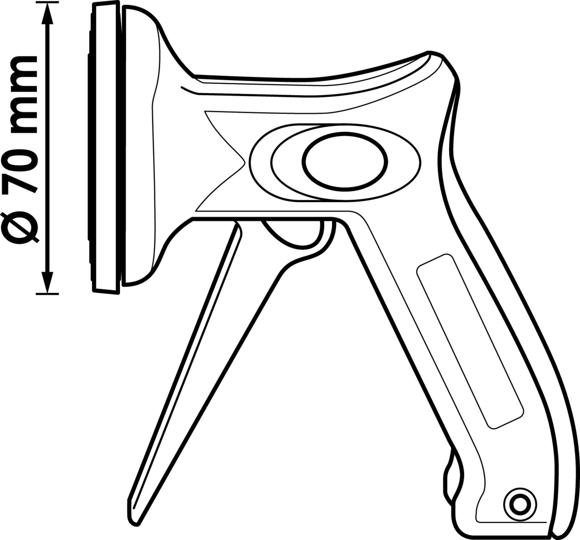 Nákres rukoväte striekacej pištole s spúšťou a priemerom 70 mm.