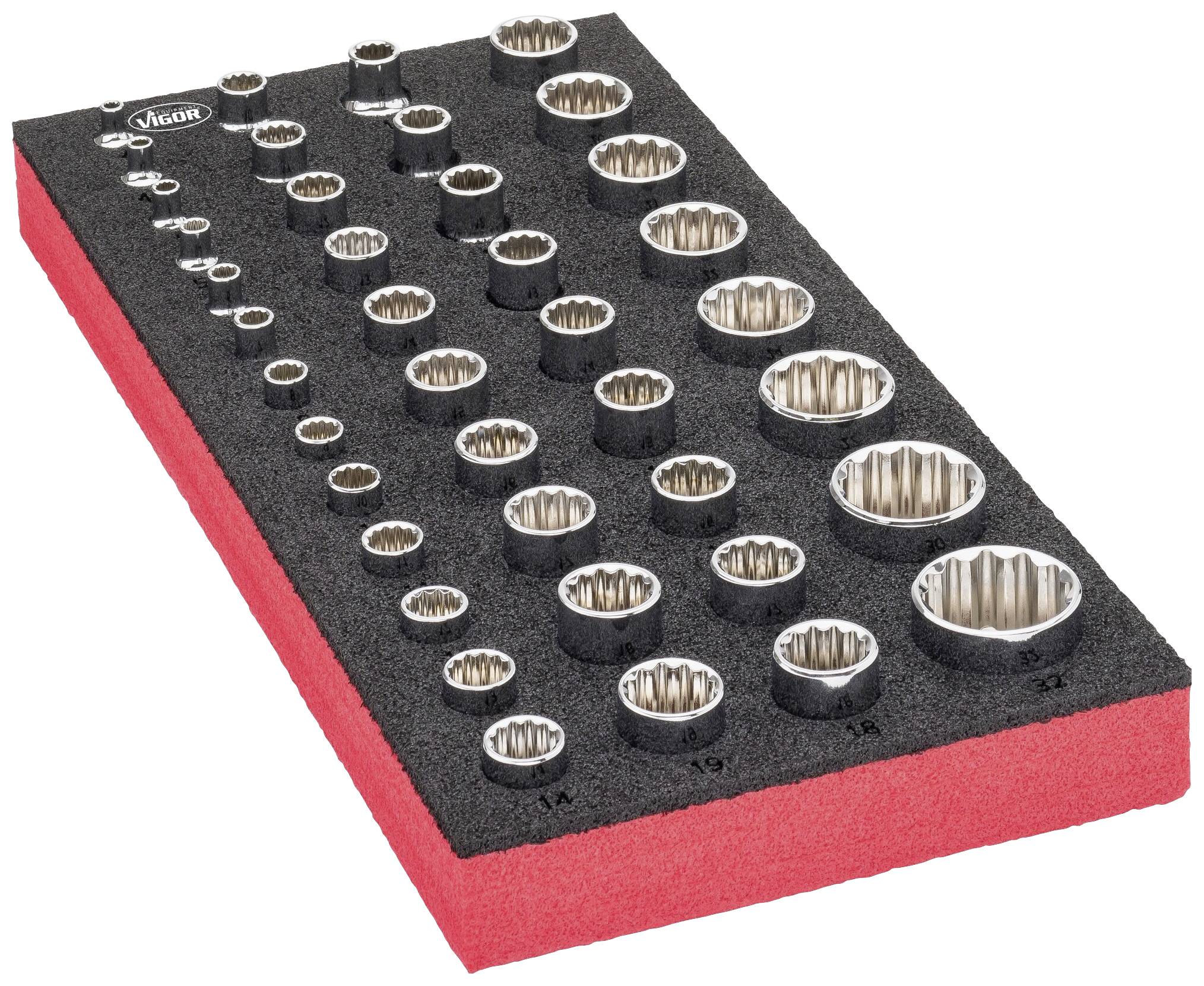 Penový vložiek usporiadaný a označený pre uskladnenie rôznych veľkostí svorníkov je upravený a prehľadný.