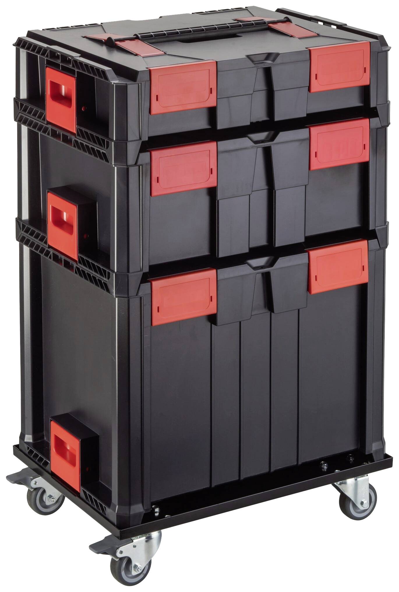 Čierny a červený stohovateľný kufor na náradie s kolieskami, vhodný na prepravu a uskladnenie nástrojov a materiálov.