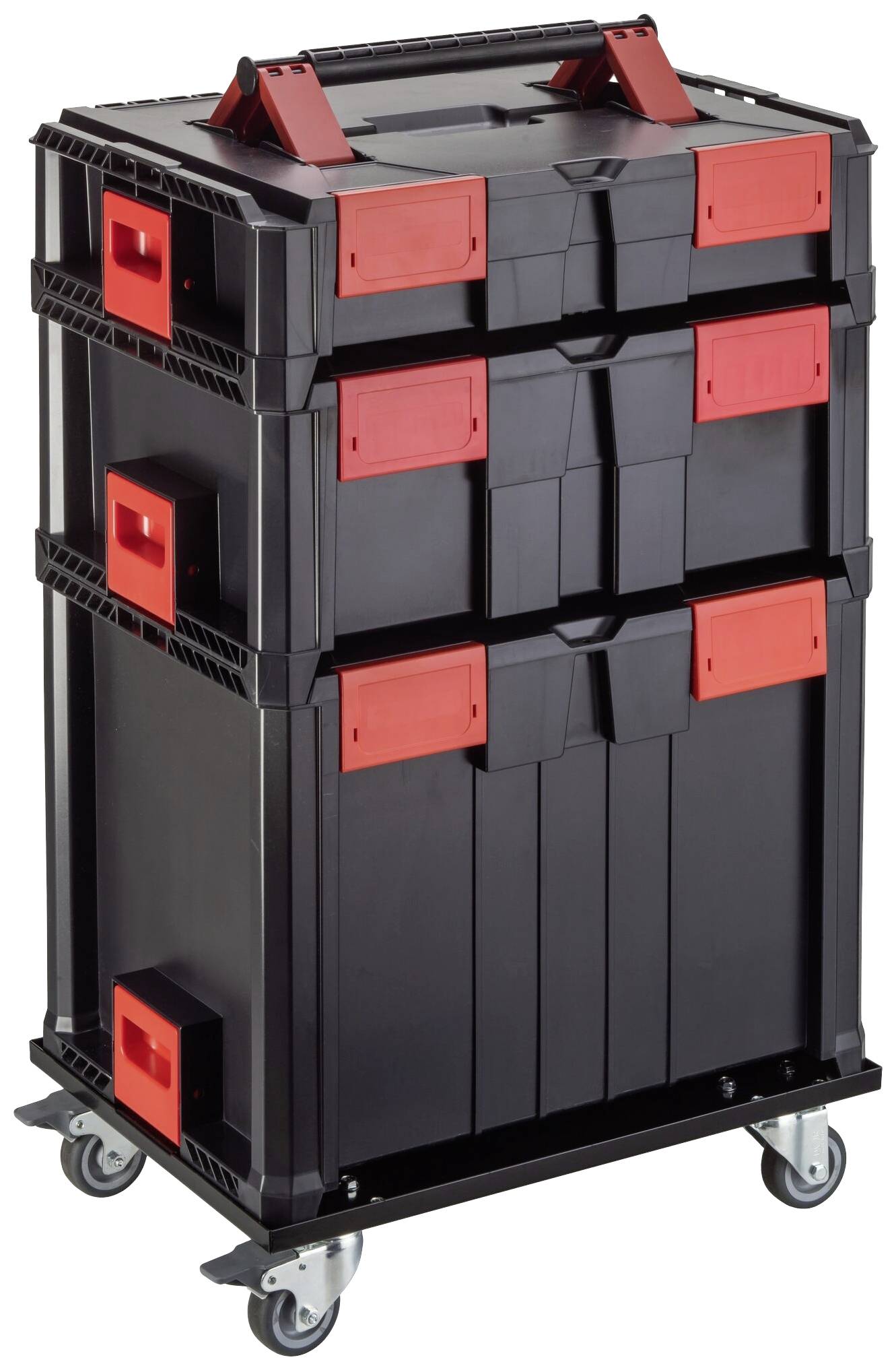 Čierny mobilný kufrík na náradie s tromi stohovateľnými jednotkami, červenými zámkami a rukoväťou, namontovaný na štyroch kolieskach.