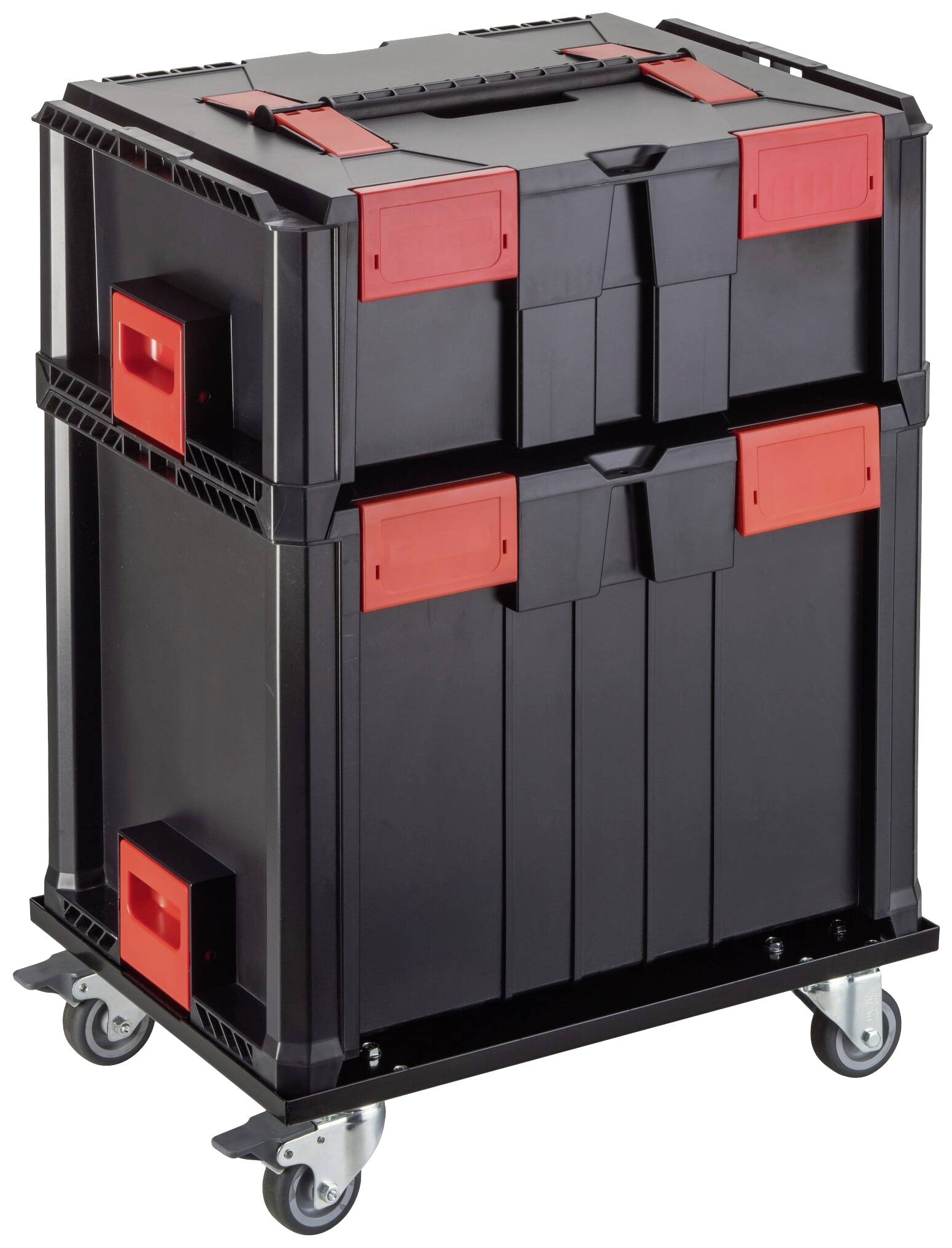 Čierny kufor na náradie na kolieskach s červenými rukovätmi a zámkami, stohovateľný, mobilný. Ideálny pre uskladnenie a prepravu náradia.