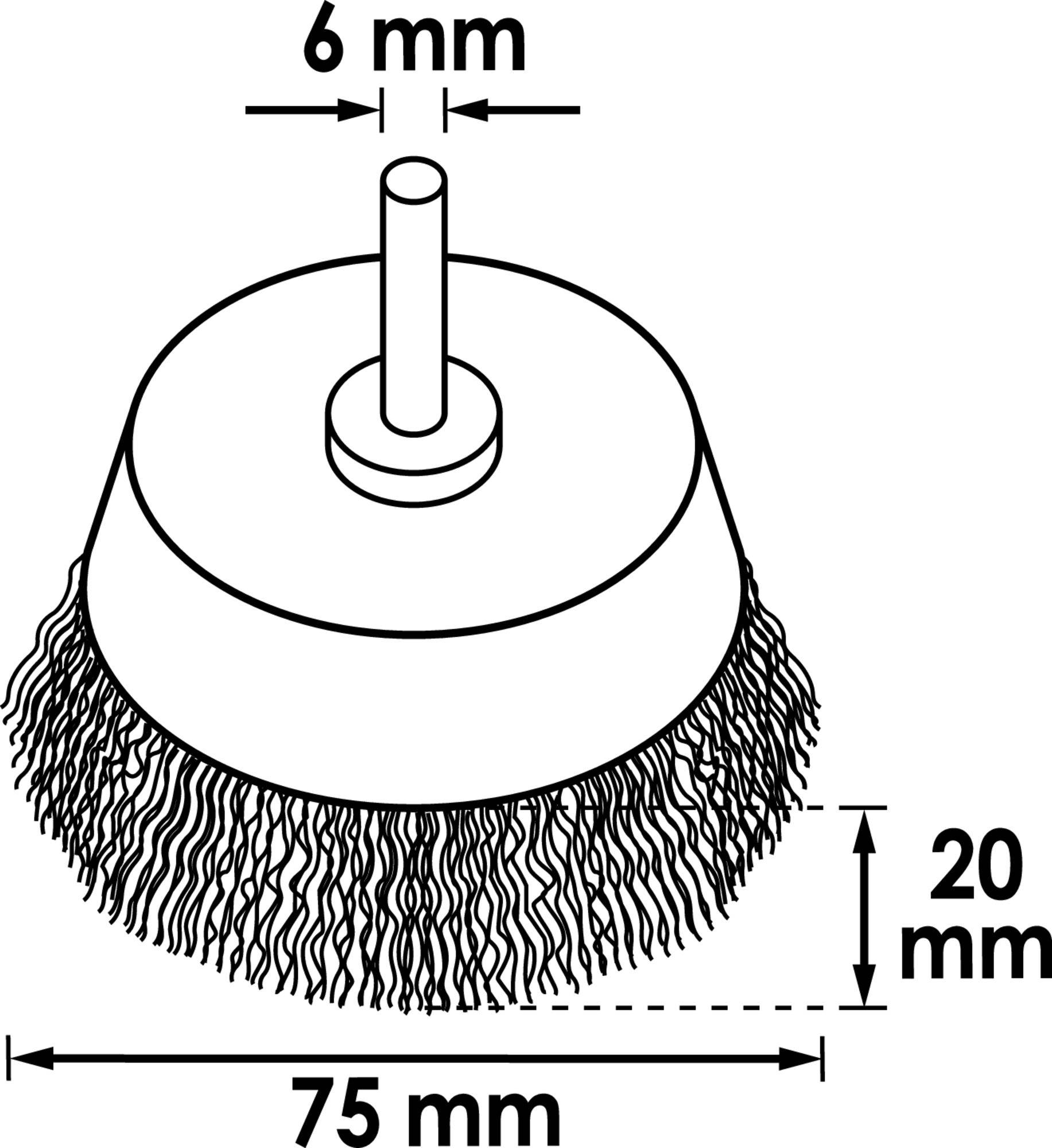 Ilustrácia okrúhlej kefy s priemerom 75 mm a výškou 20 mm; rukoväť má 6 mm.