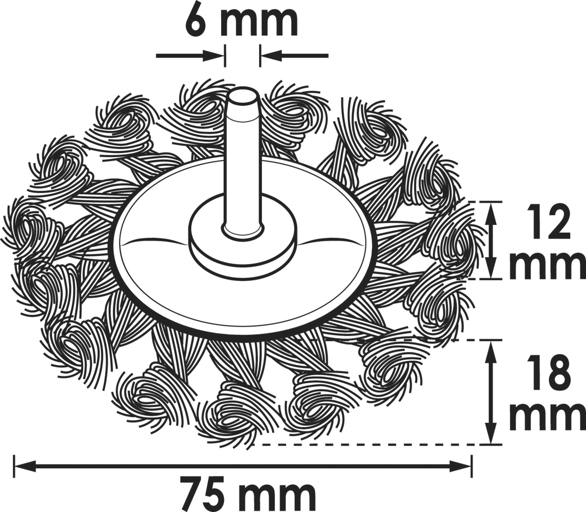 Výkres drôtenej kefy s rozmermi: priemer 75 mm, šírka štetín 12 mm, celková výška 18 mm, priemer stopky 6 mm.