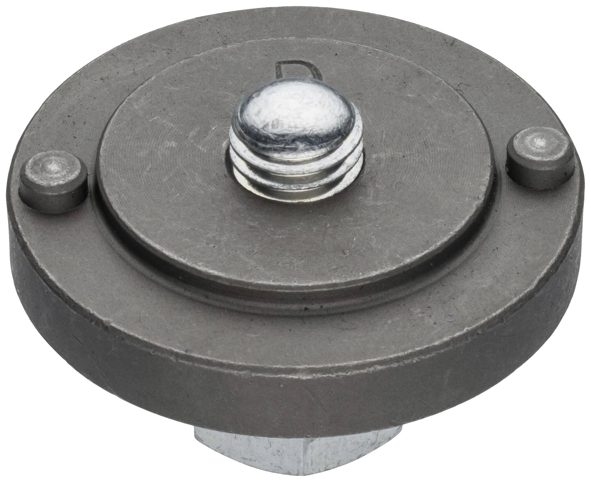 Kovový disk so stredovou skrutkou a dvoma bočnými skrutkami, pravdepodobne súčasť mechanického alebo technického zariadenia.