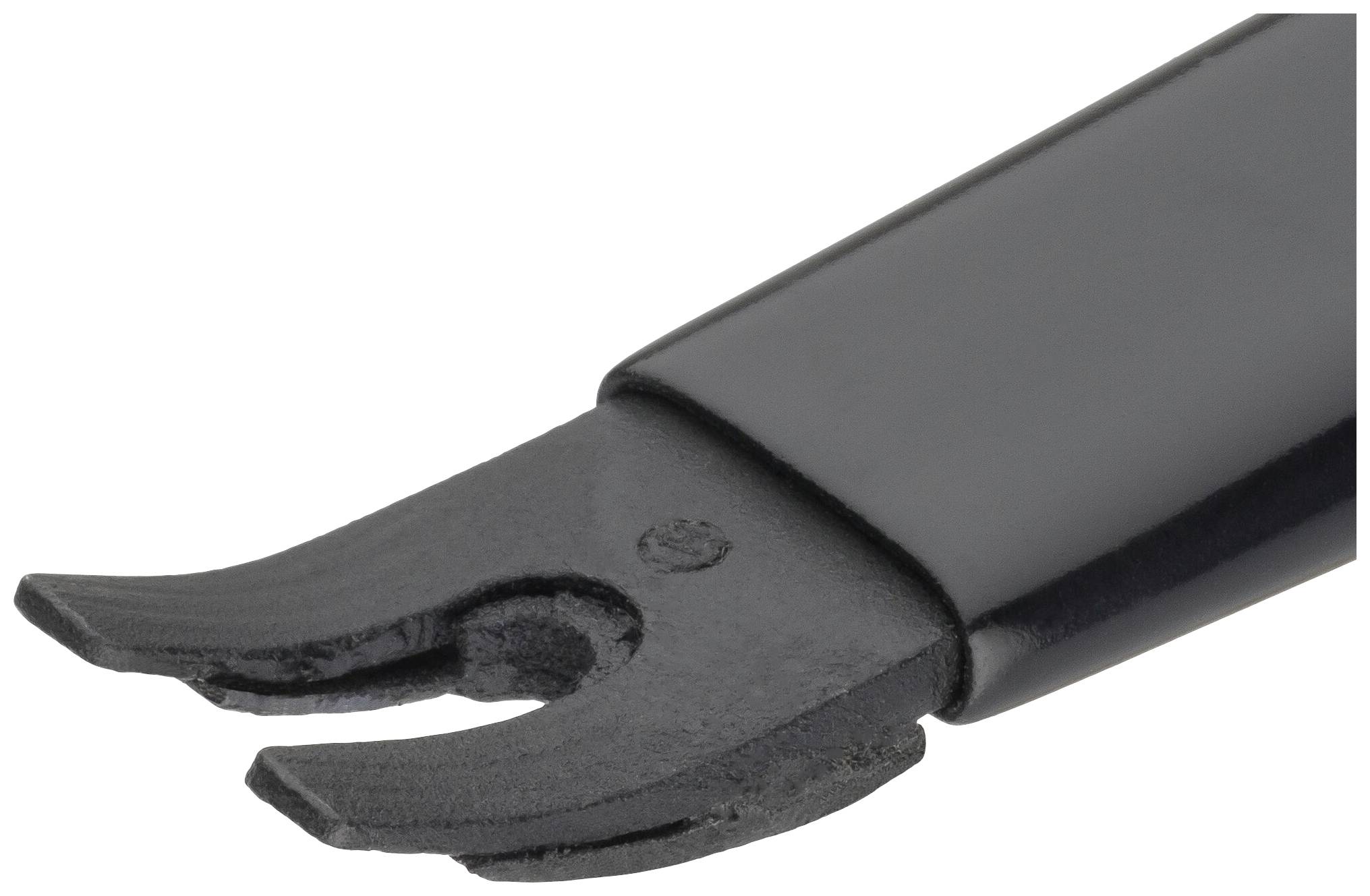 Nástroj na montáž bicyklových pneumatík v detailnom zábere. Čierny plastový, robustný dizajn, určený na jednoduché vyberanie bicyklových plášťov.