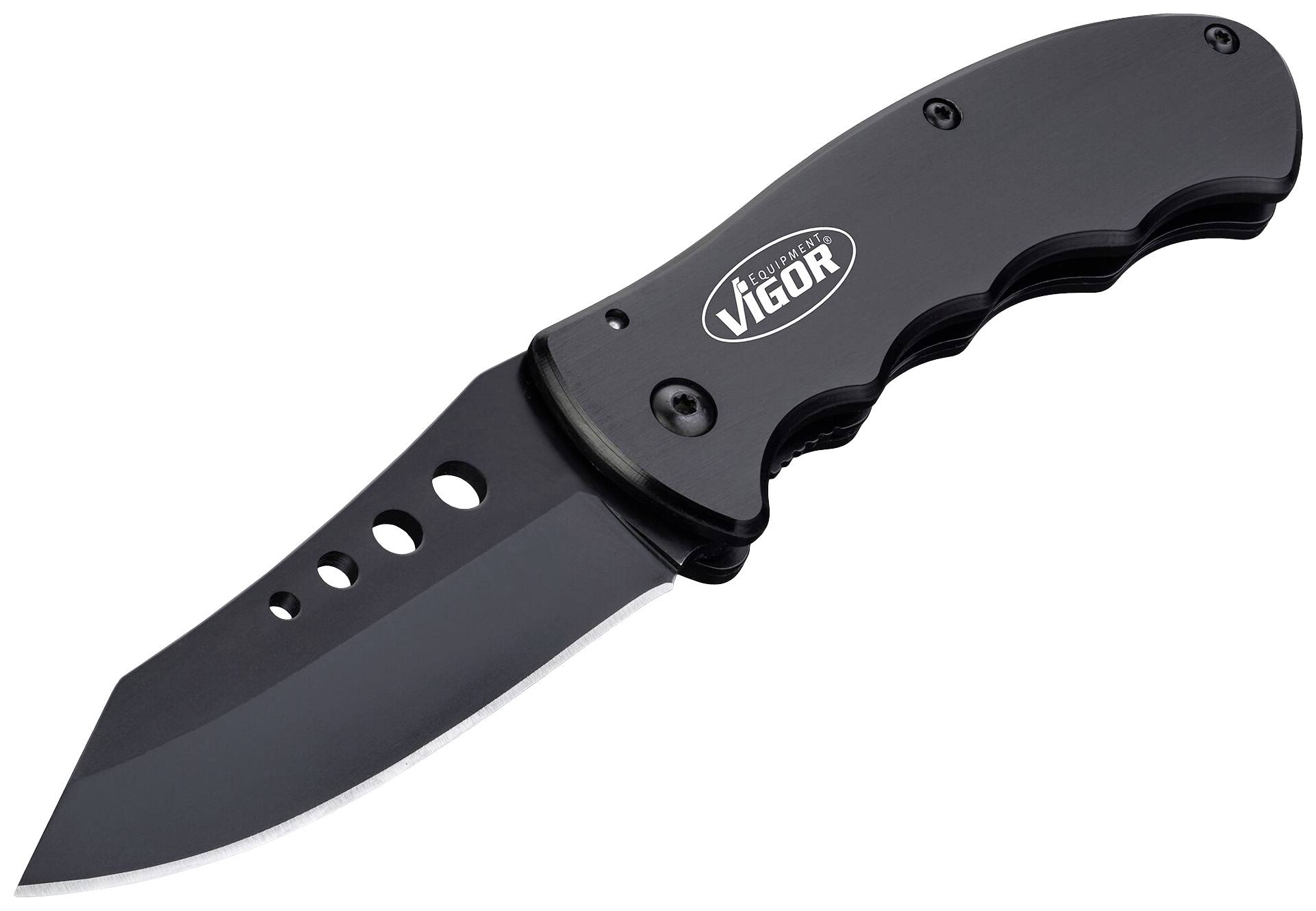 Čierny vreckový nôž so zvlnenou rukoväťou a perforovanou čepeľou. Na rukoväti je napísané 'Vigor'.