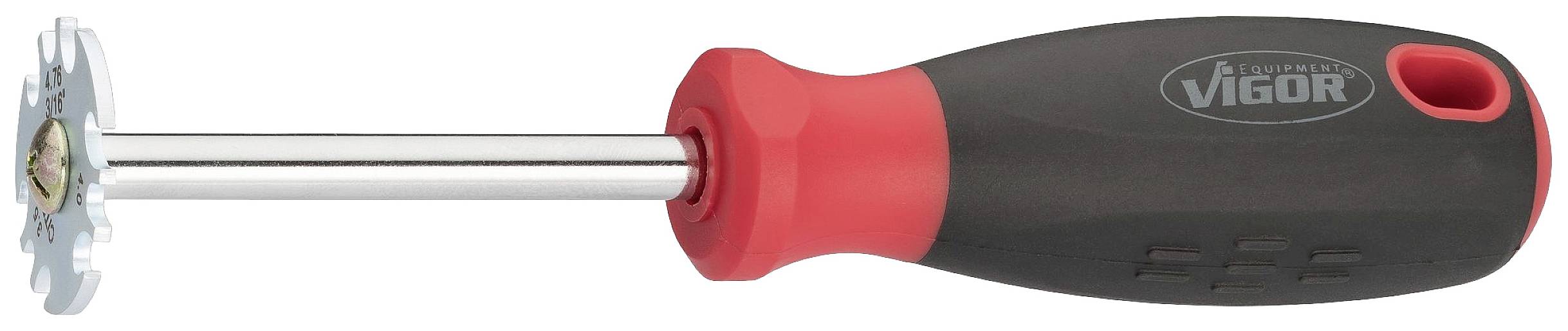 Čierny skrutkovač s červenou rukoväťou, kovovým tŕňom a hviezdicovitým hrotom, ktorý sa používa na špecifické skrutkovacie práce.