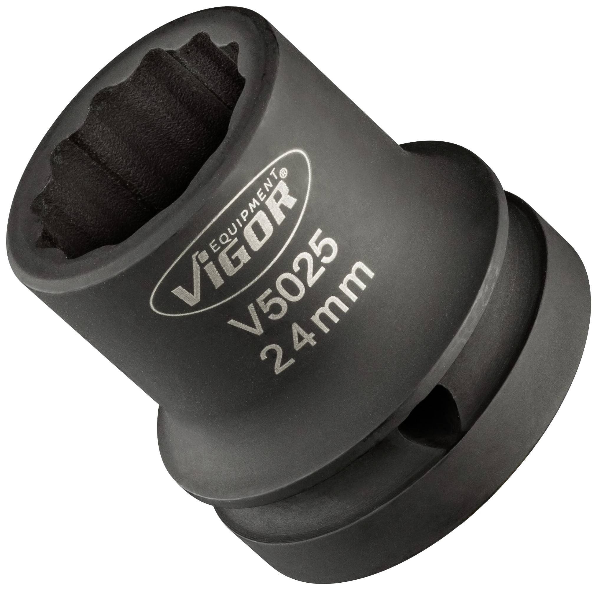 Čierny nástrčkový kľúč s nápisom 'VIGOR V5025 24 mm', používaný na uťahovanie alebo uvoľňovanie skrutkovacích matíc.
