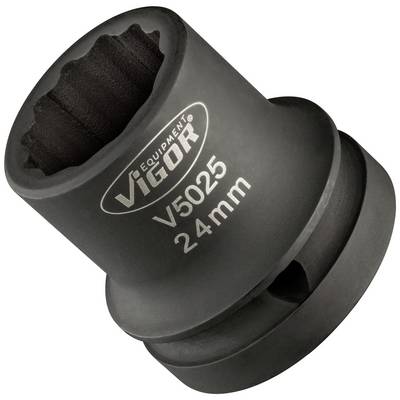 Čierny nástrčkový kľúč s nápisom 'VIGOR V5025 24 mm', používaný na uťahovanie alebo uvoľňovanie skrutkovacích matíc.
