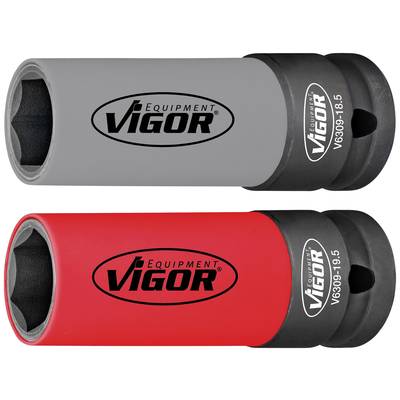 Dva kolíky s nápisom 'Vigor Equipment', jeden sivý, druhý červený. Nesú sériové čísla.