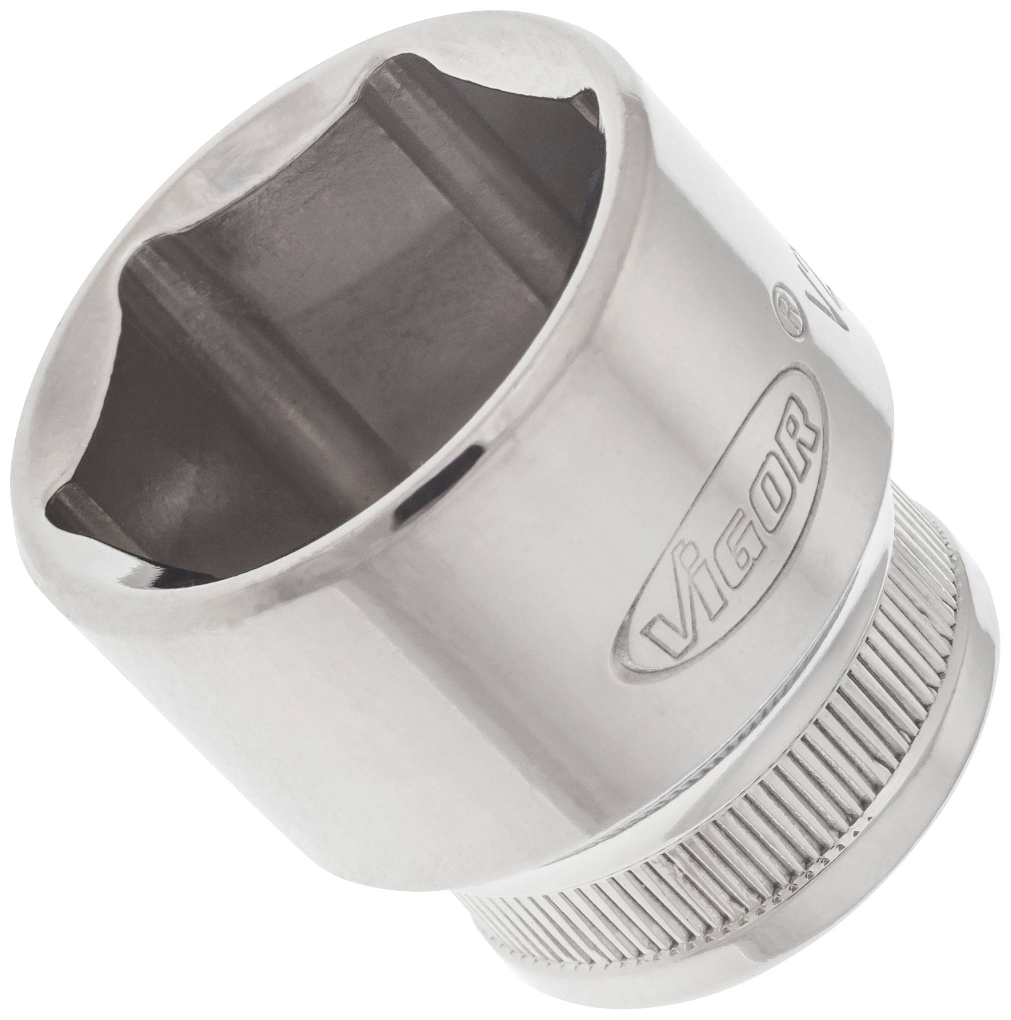 Chrómová zásuvná hlavica s vnútorným šesťhranným profilom, s upraveným povrchom rukoväte pre lepšiu priľnavosť, s označením výrobcu 'Vigor'.