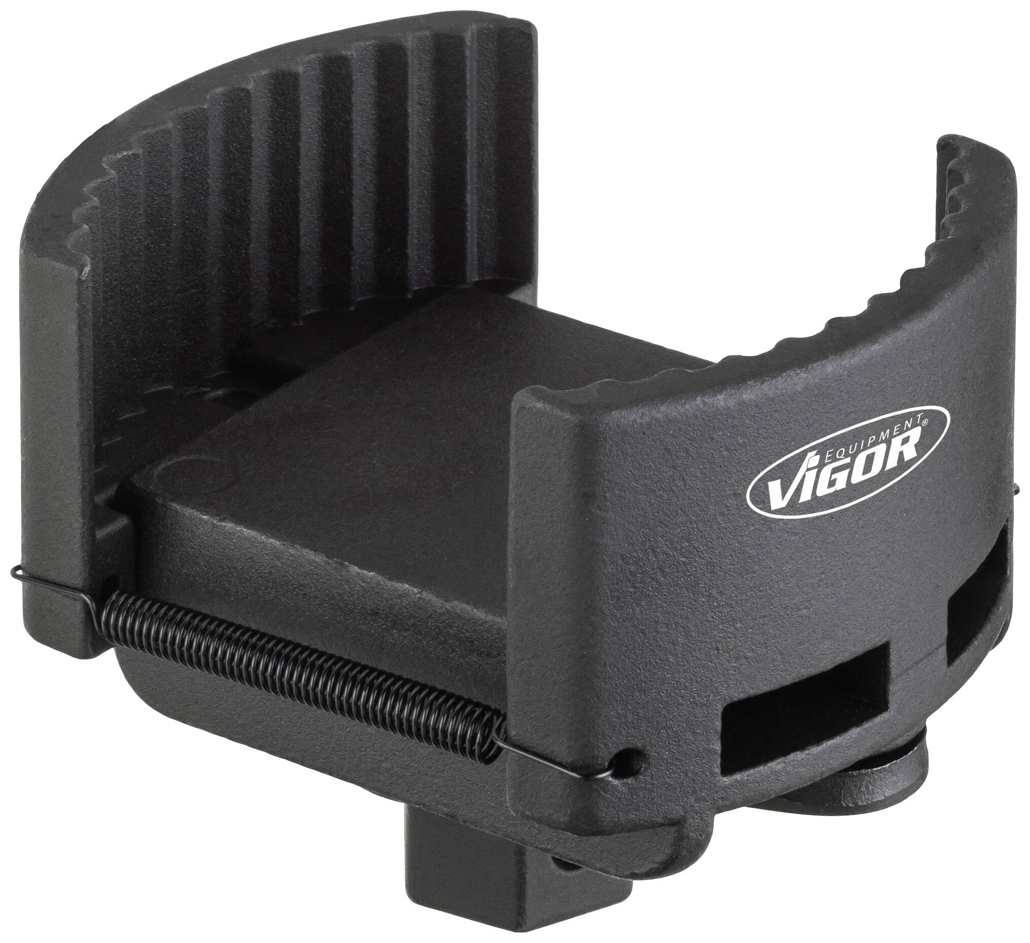 Čierny držiak náradia s drážkami a logom 'Vigor' na boku. Vhodný na upevnenie nástrojov na pracovných plochách.