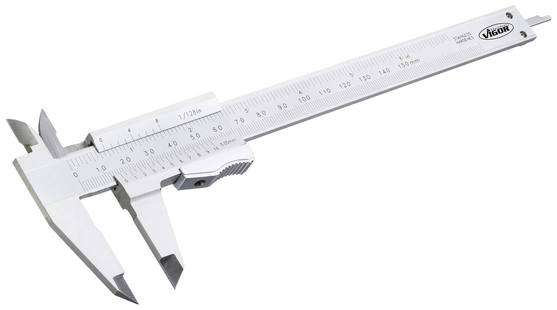 Strieborný posuvný merač s meraním dĺžok v milimetroch. Stupnica ukazuje až do 150 mm. Logo značky vpravo hore.