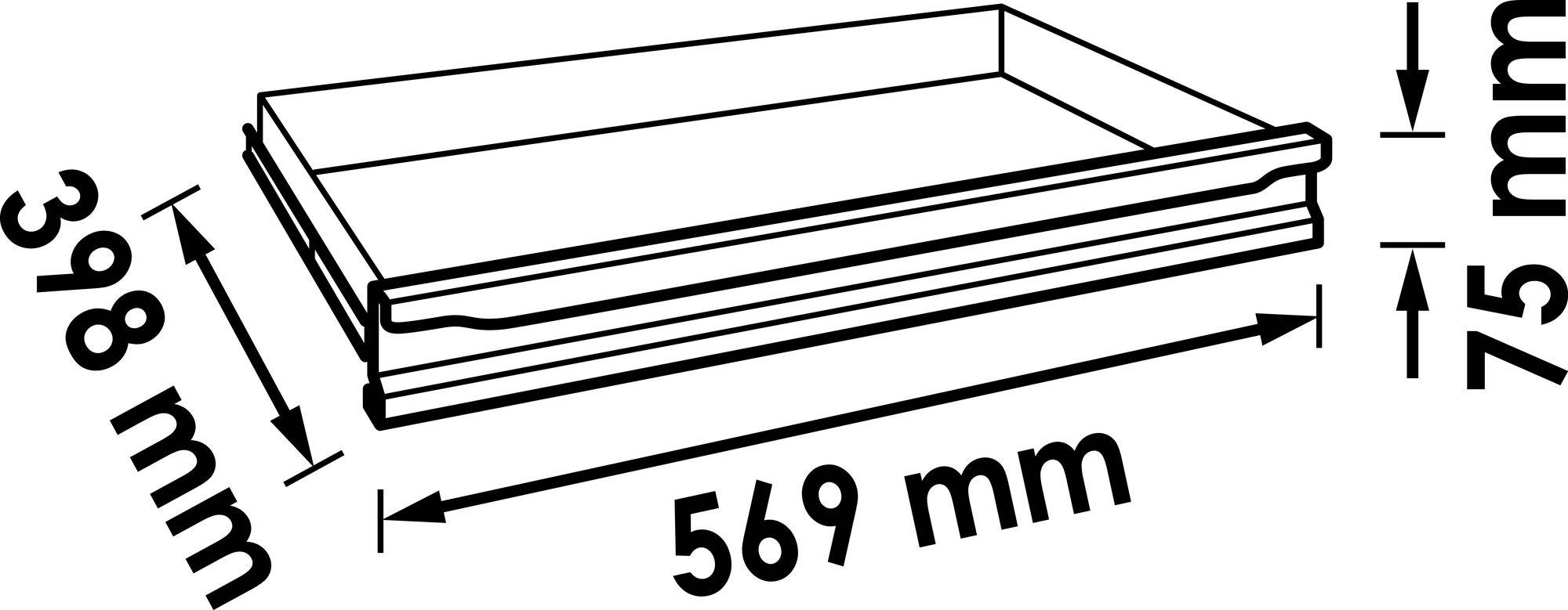 Čiernobiely technický výkres obdĺžnikového objektu s rozmermi: šírka 569 mm, hĺbka 398 mm, výška 75 mm.