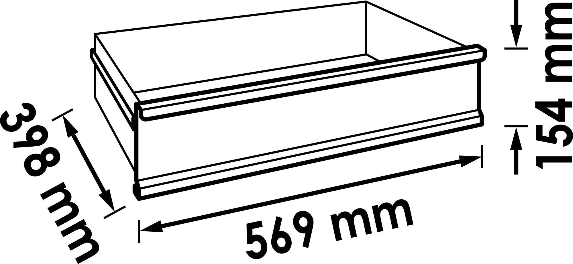 Výkres obdĺžnikovej zásuvky s rozmermi 569 mm šírka, 398 mm hĺbka a 154 mm výška.