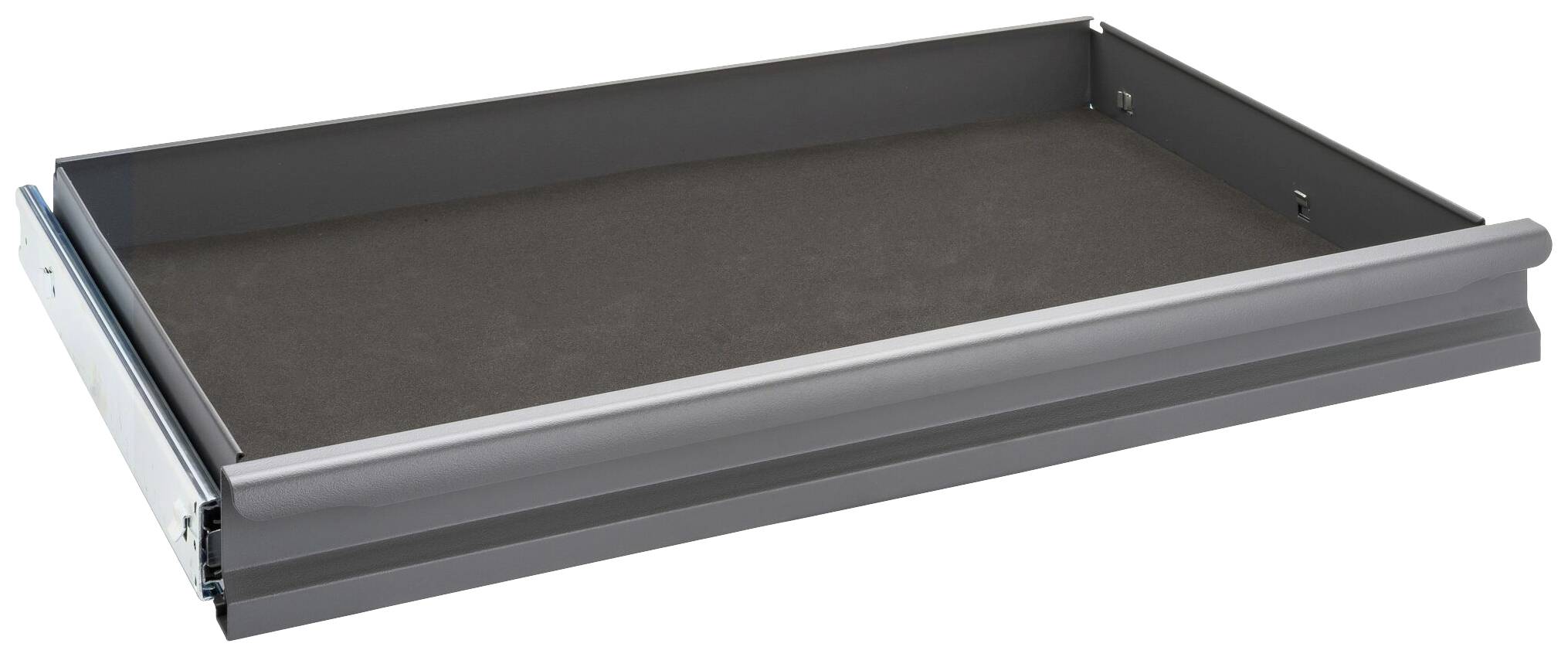 Kovový výsuvný organizér v sivej farbe, mierne otvorený. Ideálny na uskladnenie náradia alebo drobných súčiastok.