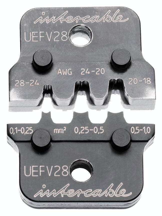 Dva crimpovateľné kontakty s nápisom 'intercable UEFV28'. Hore: AWG veľkosti 28-24, 24-20, 20-18. Dole: mm² veľkosti 0,1-0,25, 0,25-0,5, 0,5-1,0.