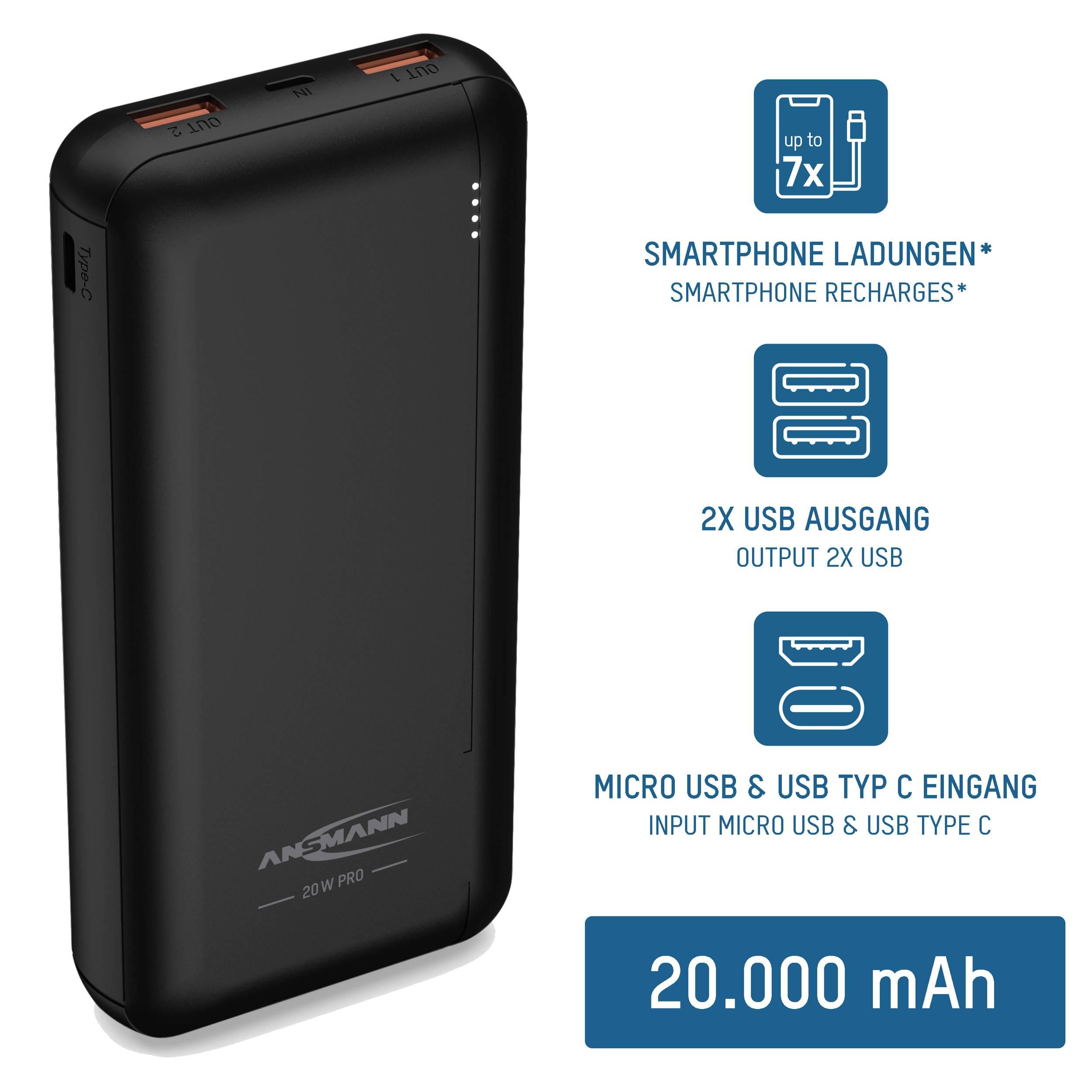 Čierna powerbanka s kapacitou 20 000 mAh, vhodná až pre 7 nabití smartfónu. Disponuje 2 USB výstupmi a vstupom pre Micro USB a USB Typ C.