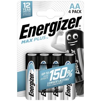 Štyri AA batérie značky Energizer Max Plus s prisľúbenou výdržou až do 150 % dlhšou v porovnaní so štandardnými batériami. Obal obsahuje maskota.