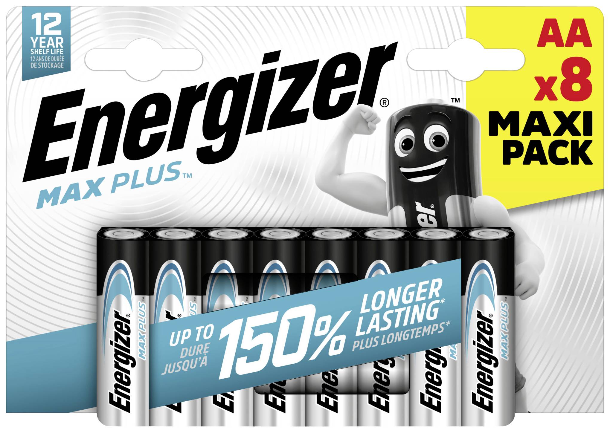 Balenie batérií Energizer s desiatimi AA batériami, propagované ako "až o 150% dlhšia výdrž", vedľa sa usmieva čierna postavička batérie.