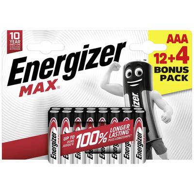 Energizer batériový pack so 16 AAA batériami, logom a kreslenou maskotkou. Text: '12+4 bonusové balenie', '100% dlhšia výdrž'.