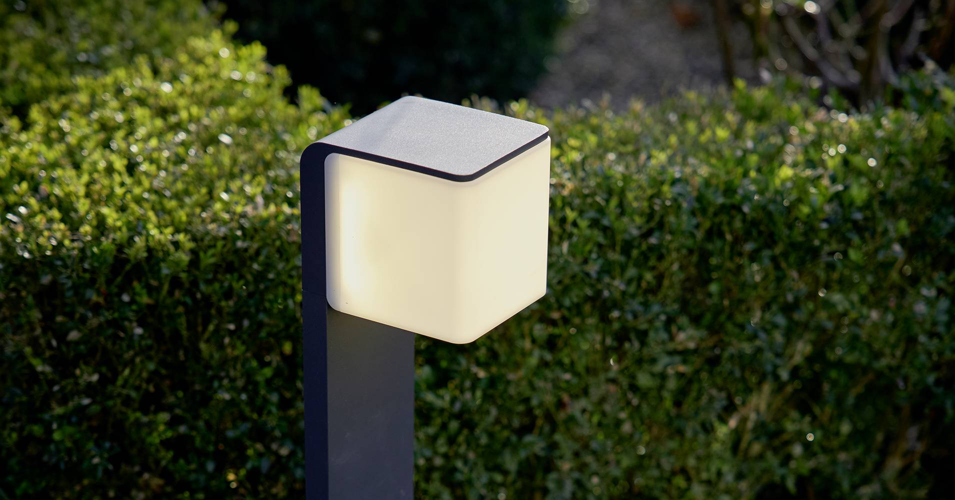 Moderná záhradná lampa so štvorcovou, svietiacou hlavou stojí pred hustým kríkom. Osvetľuje záhradný chodník.