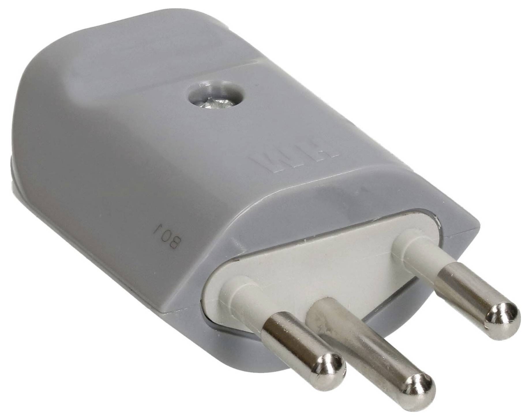 Sivý elektrický adaptér so štyrmi okrúhlymi kolíkmi, vhodný pre európske zásuvky.