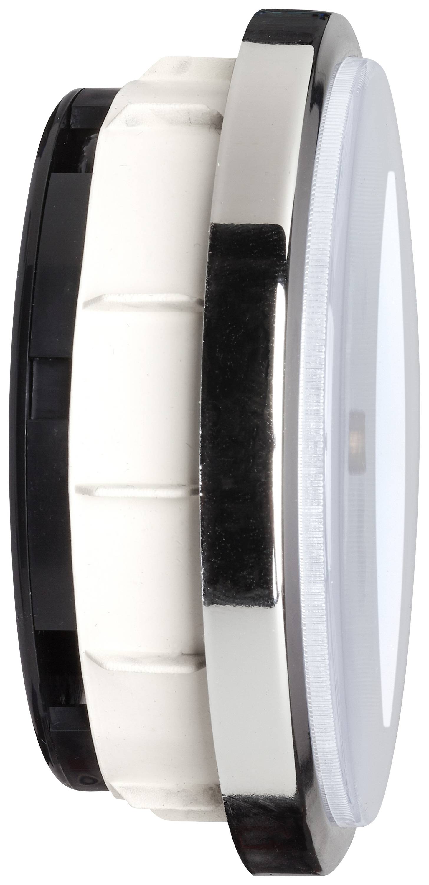 Plochá, okrúhla LED lampa so strieborným okrajom a bielym difúzorom, pohľad z boku.