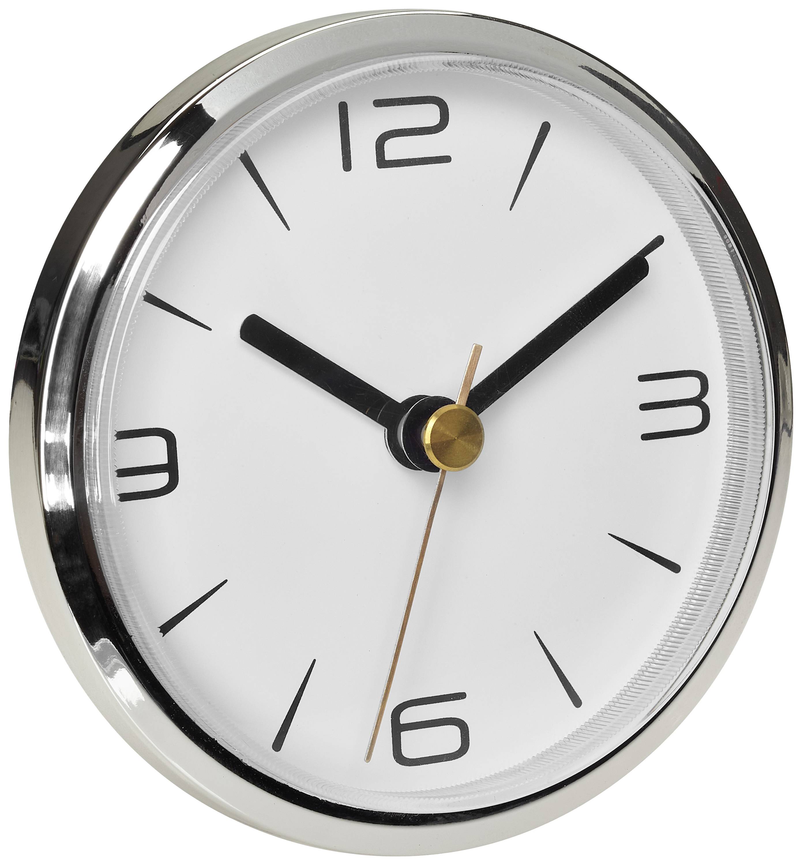 Analógové nástenné hodiny so strieborným rámom ukazujú 10:10. Biela zadná plocha, čierne číslice a ručičky.