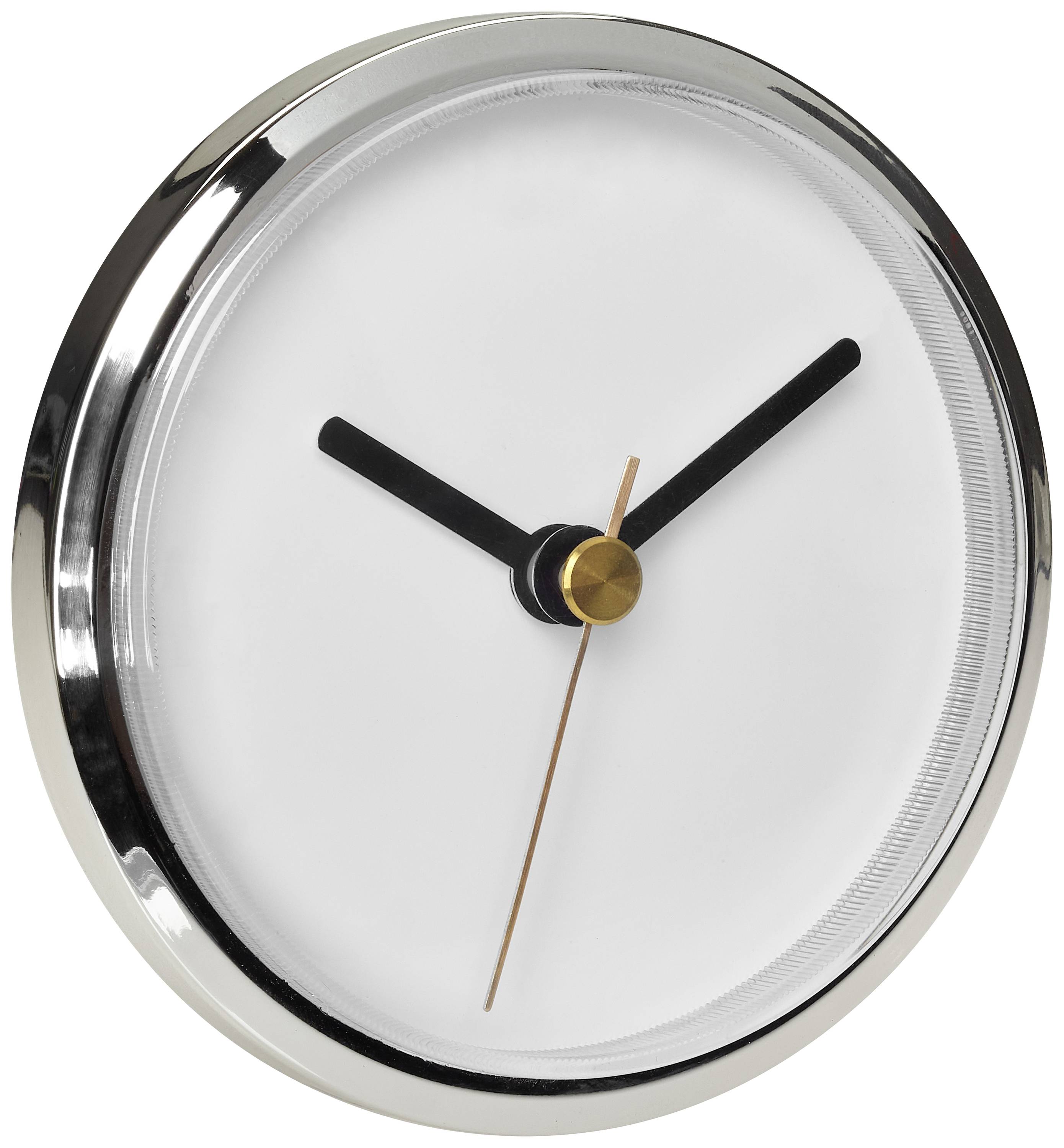 Analógové nástenné hodiny s dvoma čiernymi ručičkami a zlatou sekundovou ručičkou ukazujú približne 10:10.