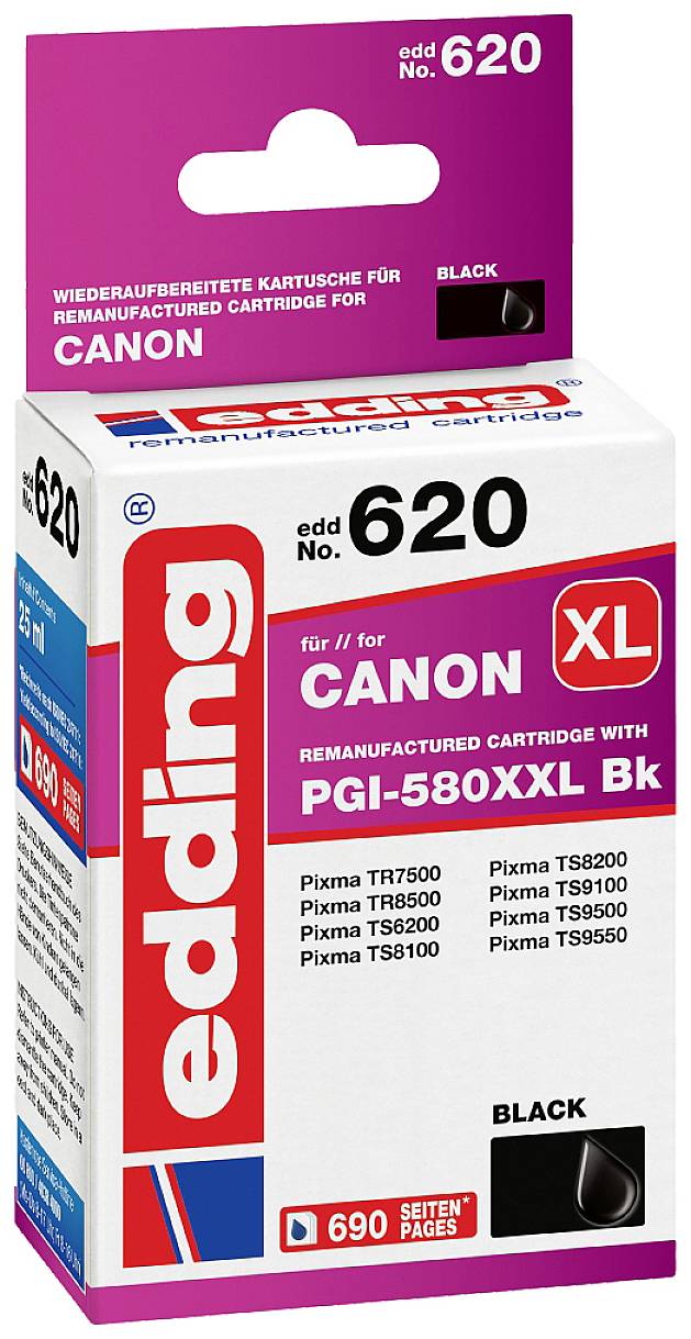 Atramentová kazeta Canon edding 620, čierna, repasovaná, kompatibilná s rôznymi modelmi Pixma, výdrž 690 strán.