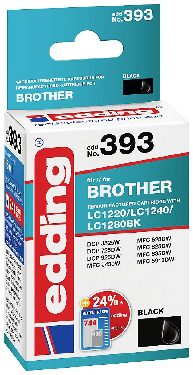 Obrázok zobrazuje toner pre tlačiareň Brother od spoločnosti Edding, model 393 v čiernej farbe.