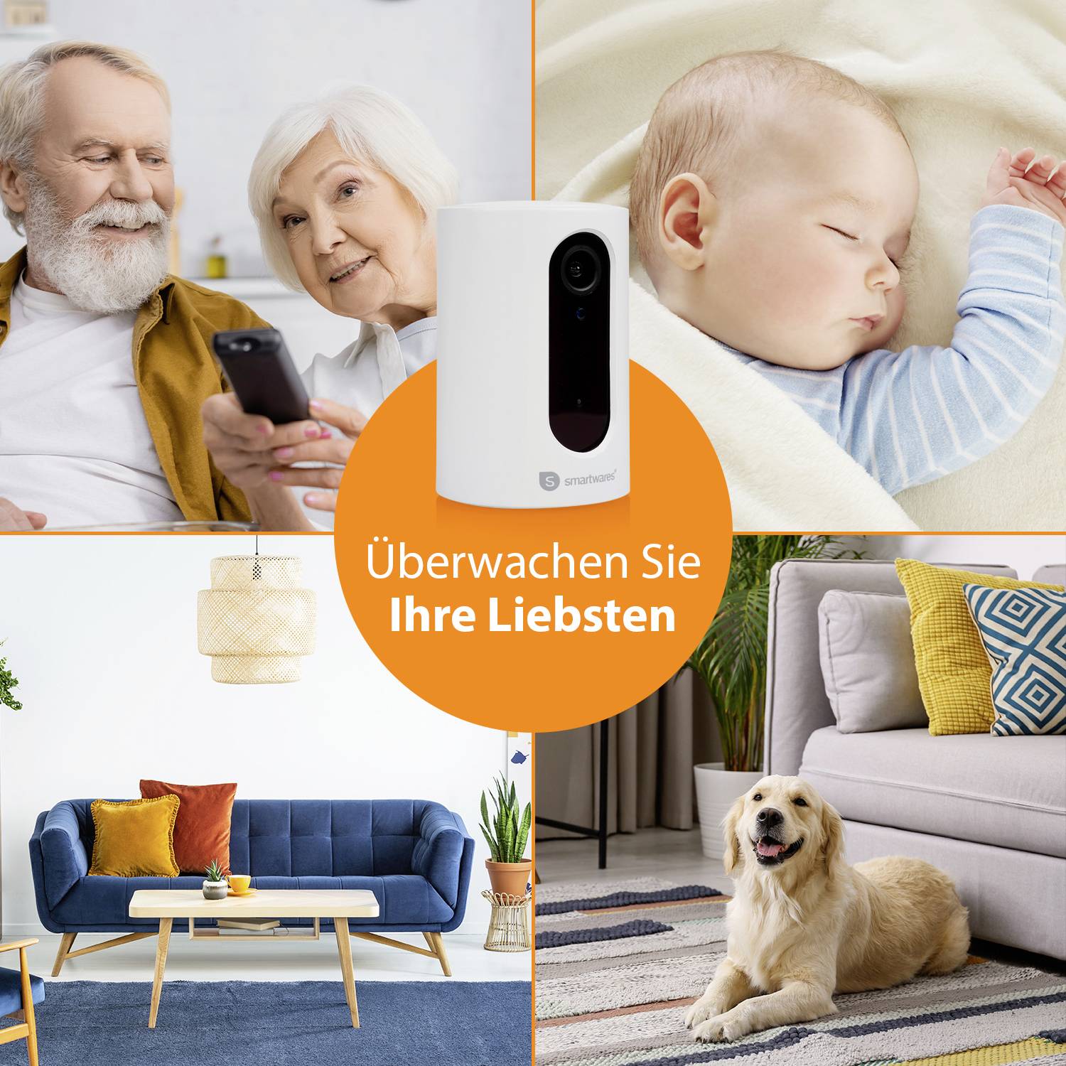 Starší pár so smartfónom, vpravo spiace dieťa; moderne zariadená obývačka so psom. Text: 'Sledujte vašich blízkych'.