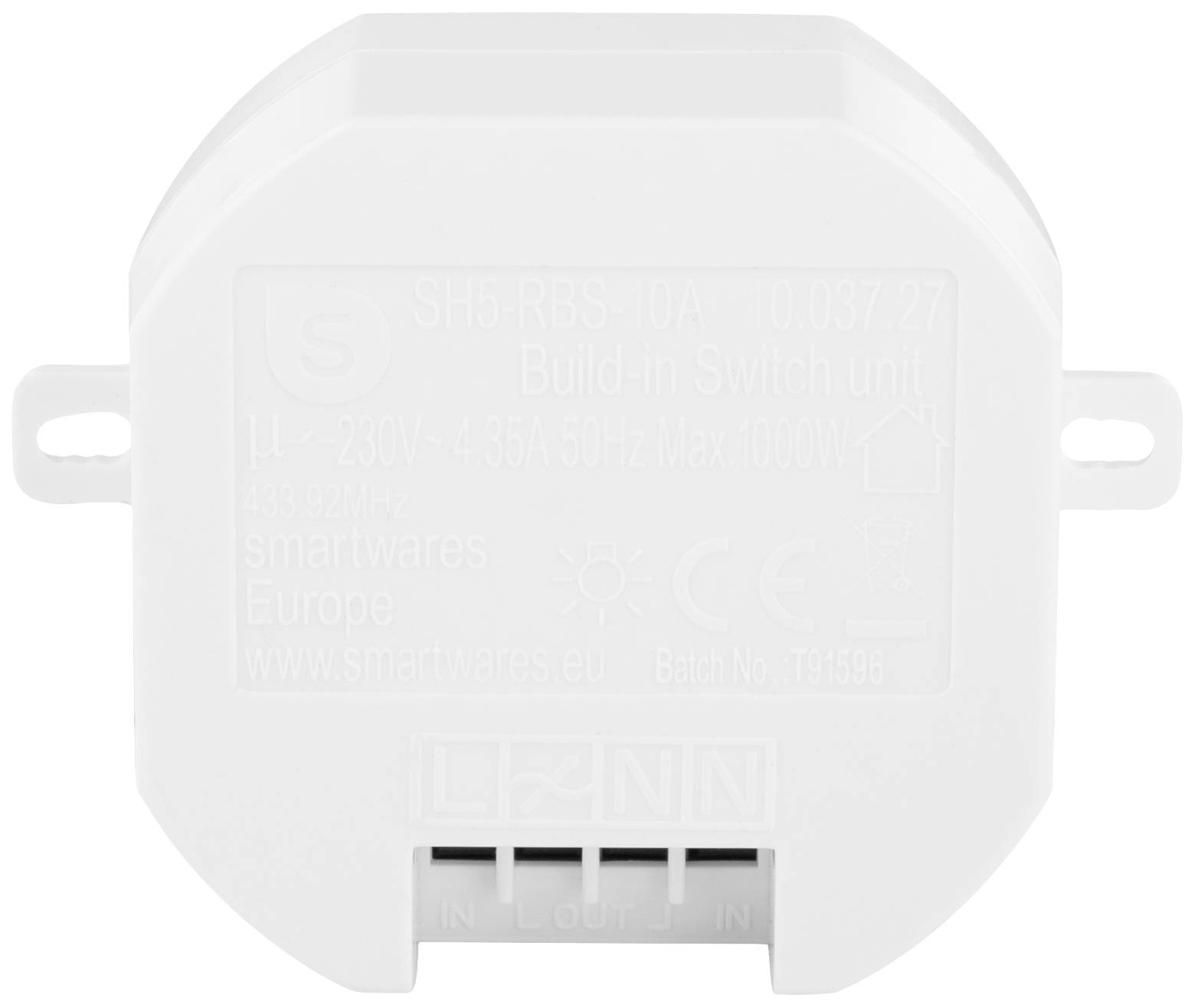 Biele púzdro spínacej jednotky s nápisom 'Build-in Switch unit'. Sú viditeľné značenia pre pripojovacie svorky.