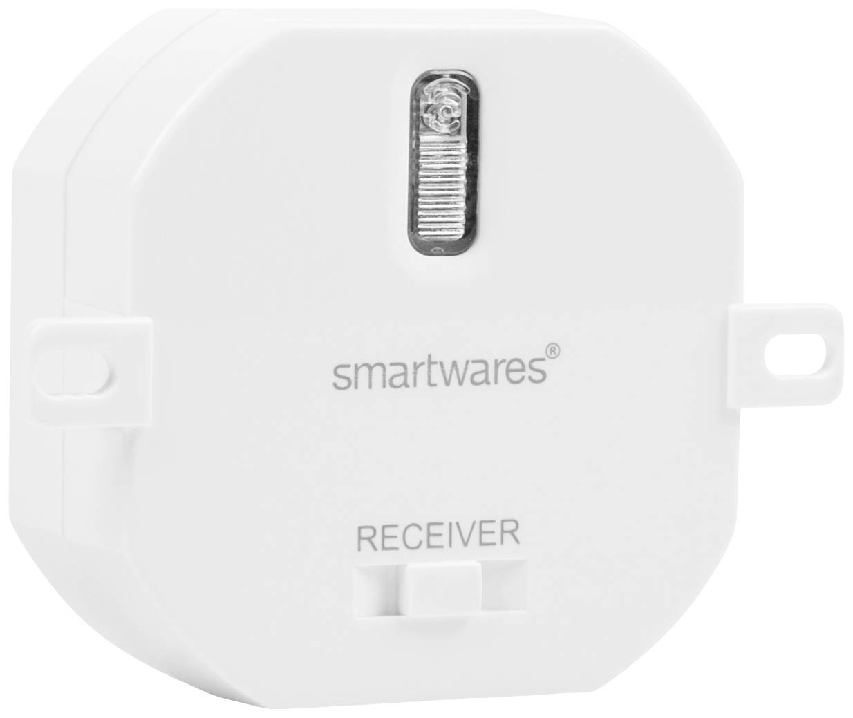 Biely, obdĺžnikový Smartwares prijímač s nápisom 'RECEIVER' pod ním. Obsahuje úzky, vertikálny gombík v hornej časti.