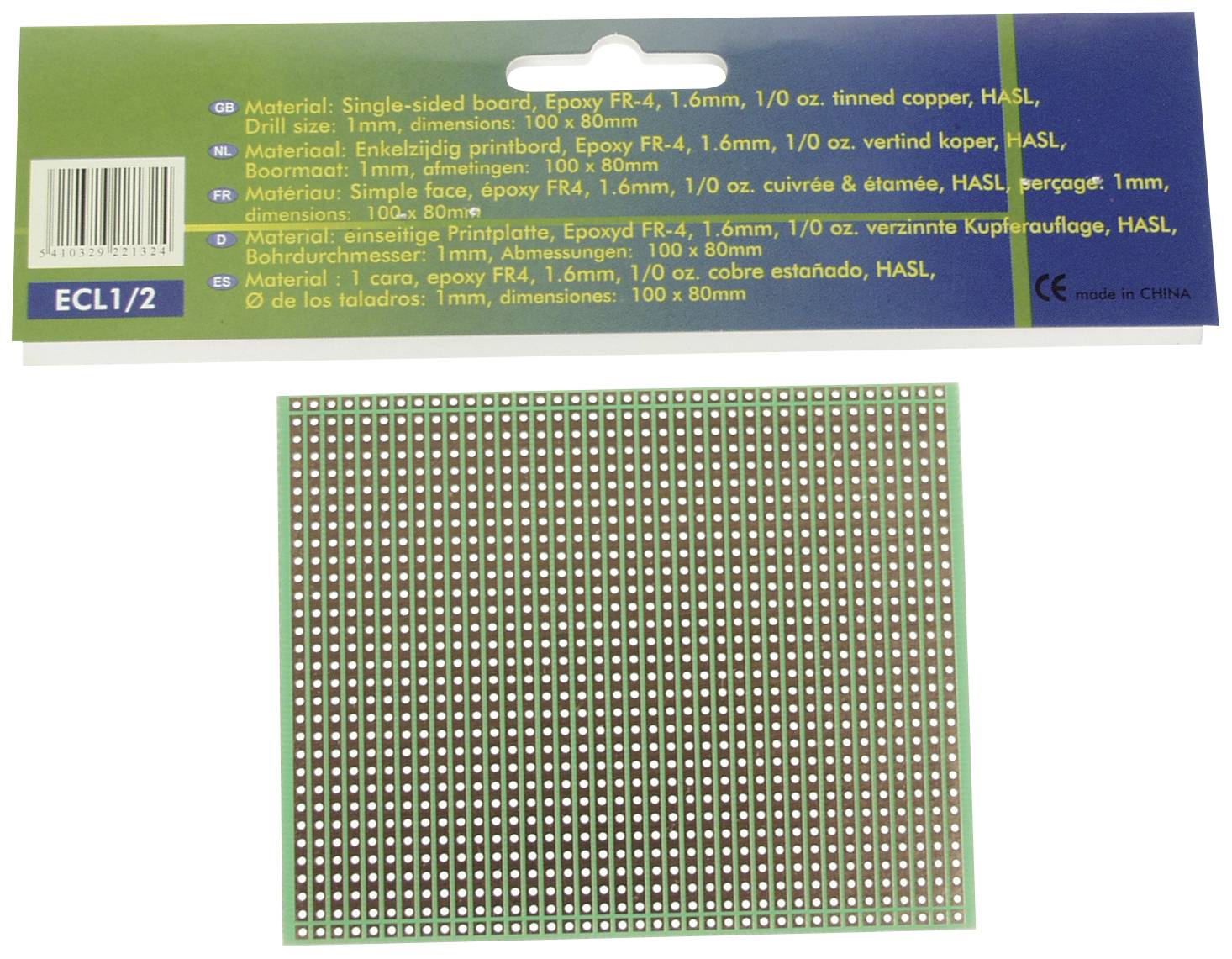 Velleman ECL1/2 Scheda formato Europa (L x L) 80 mm x 100 mm Passo 2.54 mm Contenuto 1 pz.