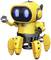 Žltý robot s modrými očami, ktorý dvíha ruku. Dizajn robotiky v popredí.