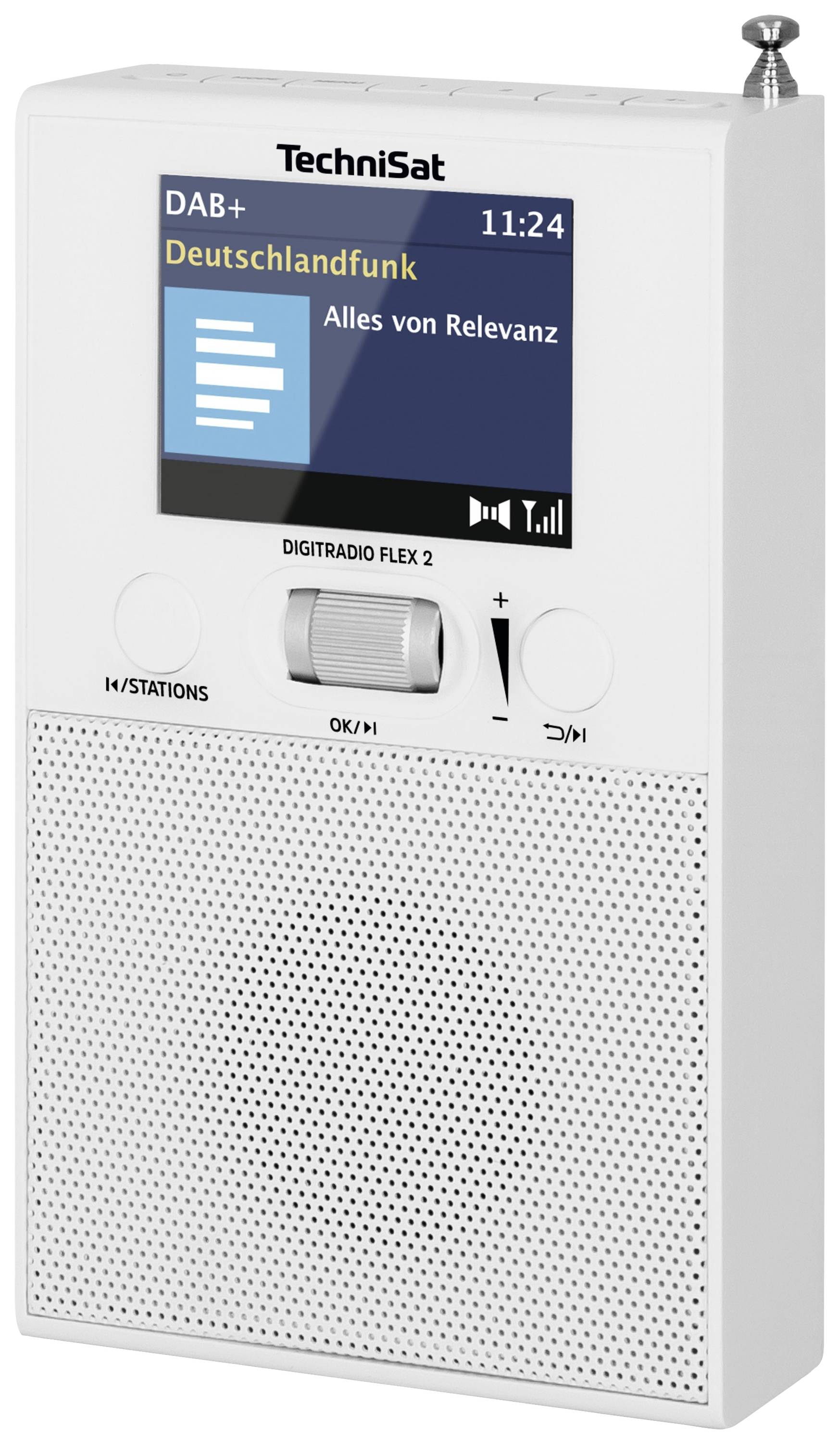 Biele prenosné DAB+ rádio od TechniSat, zobrazuje 'Deutschlandfunk' na displeji. Čas 11:24. Ovládacie prvky na prednej strane.