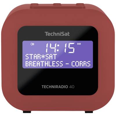 Červené digitálne rádio od TechniSat s displejom: '14:15, STAR*SAT, BREATHLESS - CORRS'. Model: TECHNIRADIO 40.