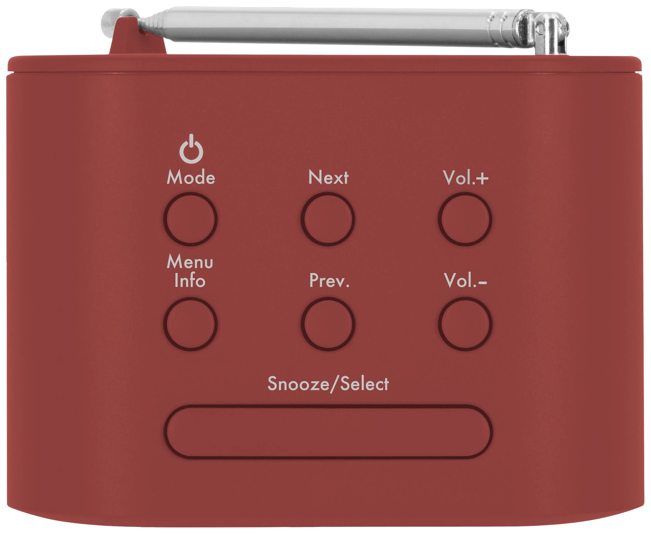 Červené prenosné rádio so šiestimi ovládacími tlačidlami na prednej strane: Režim, Ďalší, Hlasitosť+, Menu Info, Predchádzajúci, Hlasitosť-. Hore výsuvný anténny stĺpik.