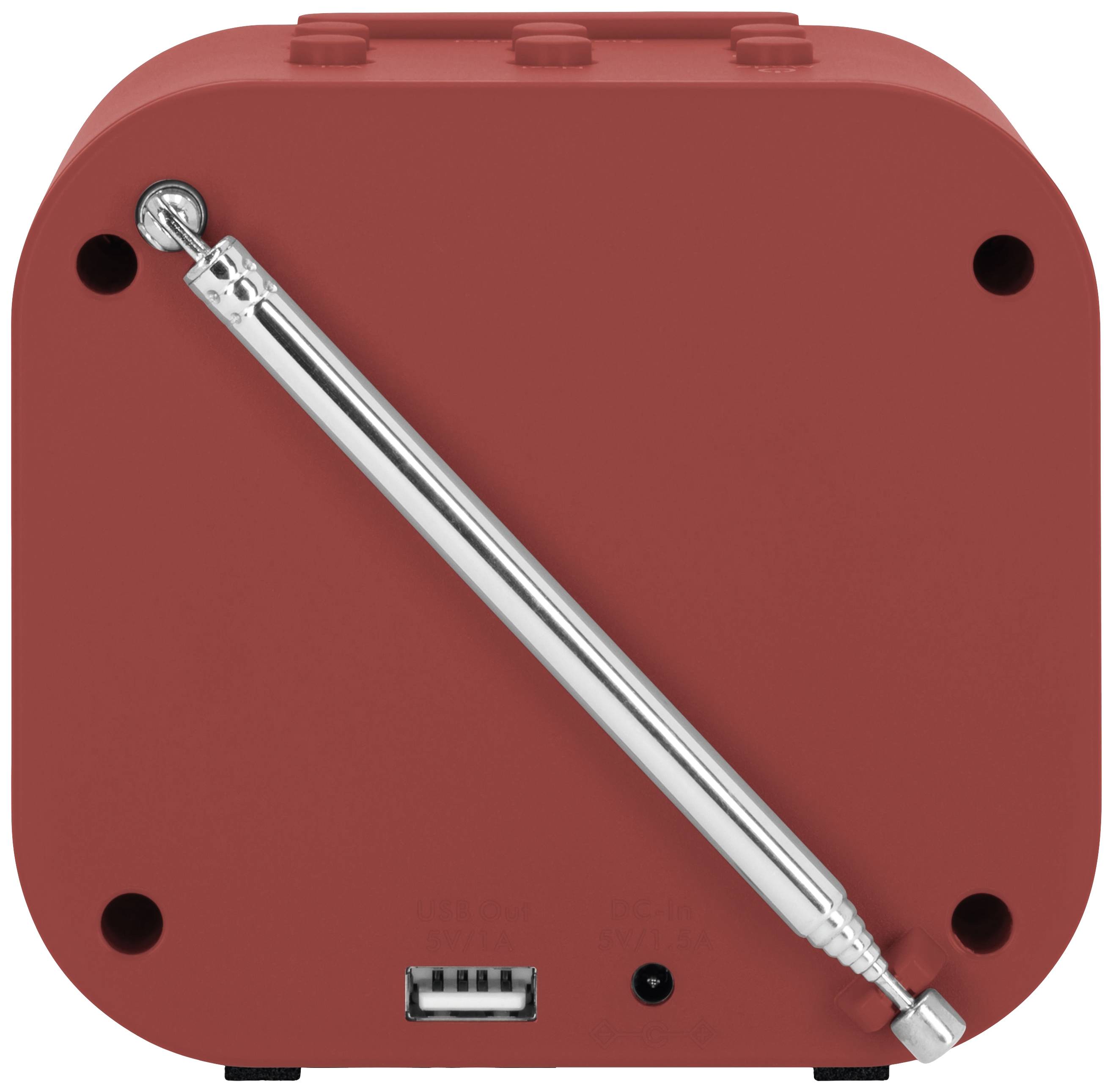 Zadná strana červeného rádia s vyťahovateľnou kovovovou anténou a USB portom dole.