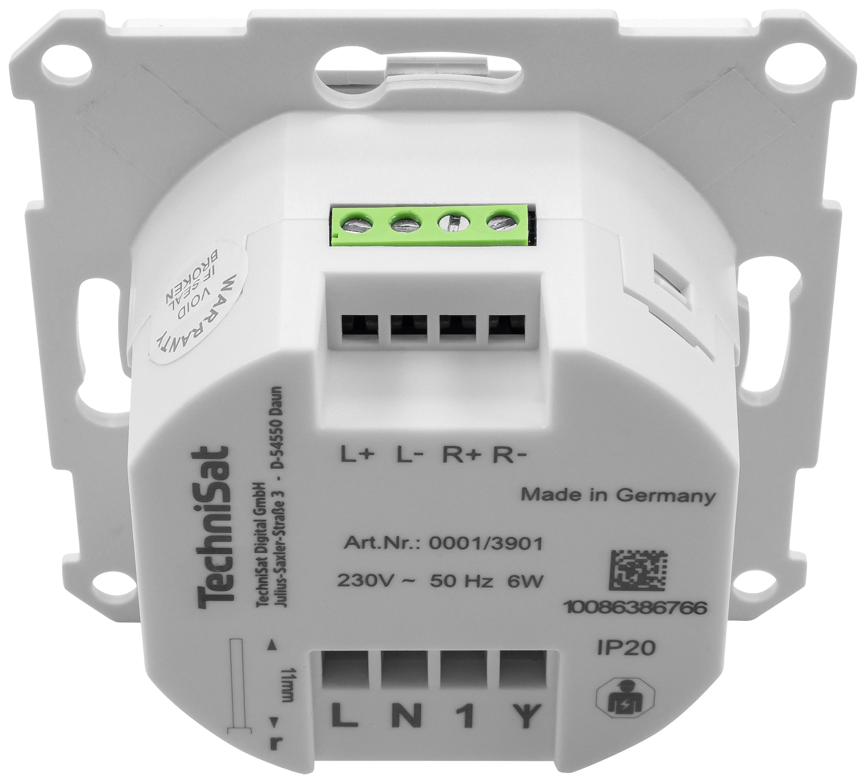 Svetelný spínací modul od spoločnosti TechniSat s viacerými pripojovacími svorkami, vhodný pre 230V, 50Hz, 6W. Tlačené údaje: 'Made in Germany', 'Art.č.: 0001/3901'.