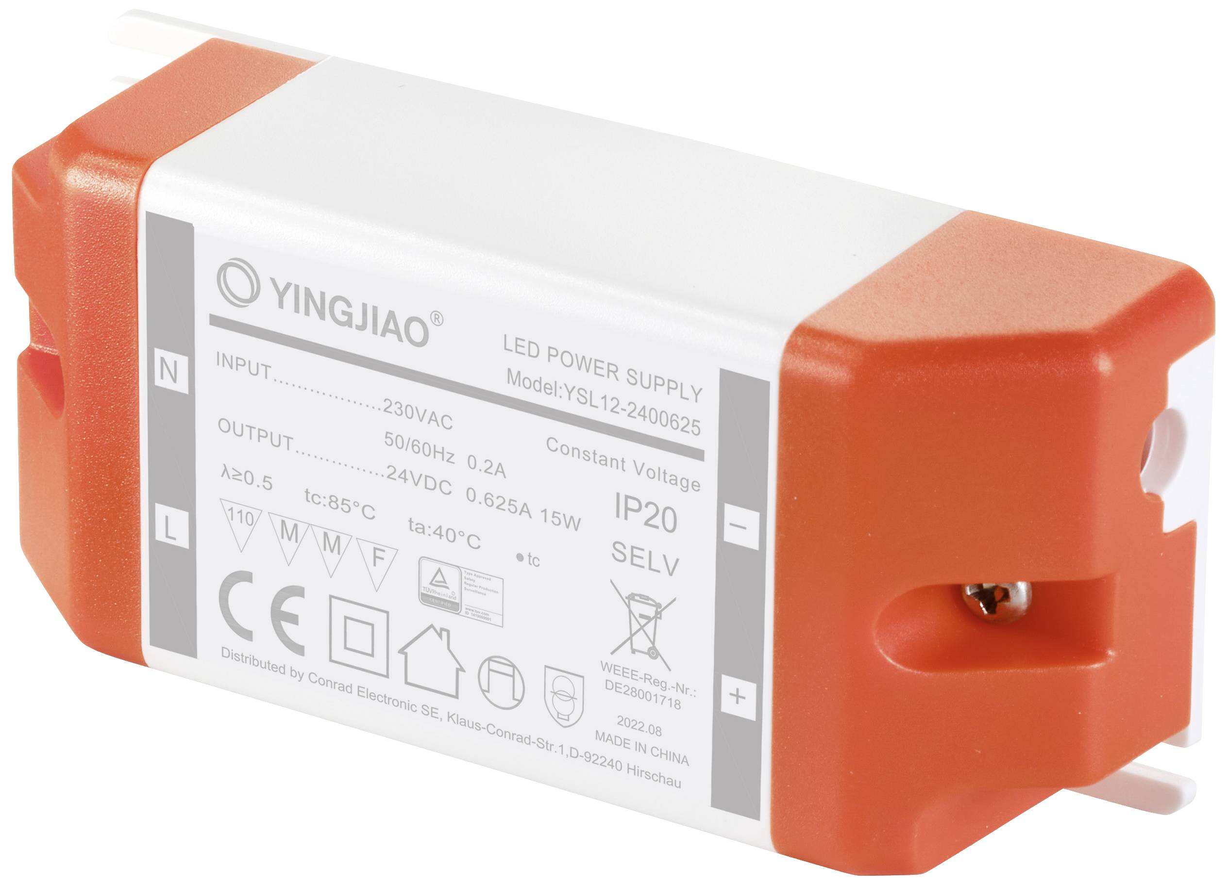 LED napájací zdroj, model YSL12. Vstup: 230V AC, výstup: 24V DC, 0,625A, 15W. IP20, SELV. Obdĺžnikový kryt, oranžový a biely.
