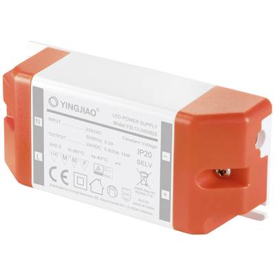LED napájací zdroj, model YSL12. Vstup: 230V AC, výstup: 24V DC, 0,625A, 15W. IP20, SELV. Obdĺžnikový kryt, oranžový a biely.