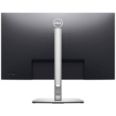 Pohľad zozadu na čierny monitor so strieborným stojanom vyrobený spoločnosťou Dell. Monitor má jednoduché, moderné dizajnové riešenie.