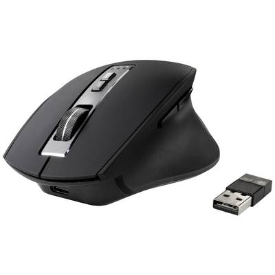 Čierna bezdrôtová počítačová myš s oddelene zobrazeným USB dongľom, prezentujúca ergonomický dizajn a rolovateľné koliesko myši.