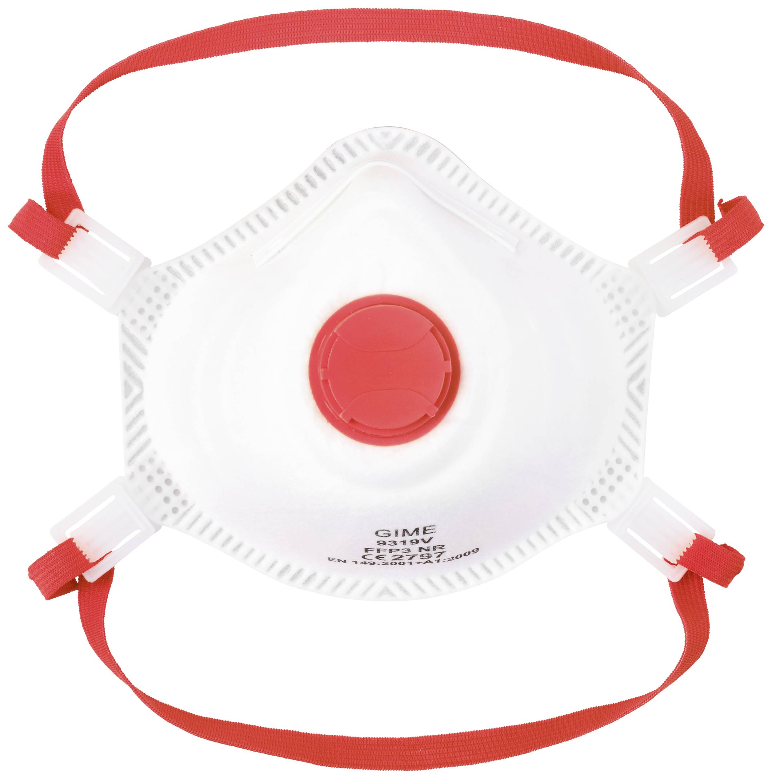 Biela respiračná maska s červeným výdychovým ventilom a červenými elastickými pásikmi, zobrazená spredu.