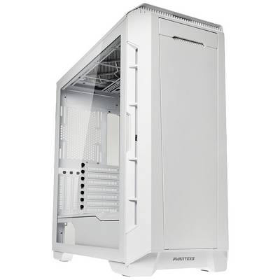 Veľká biela PC skrinka s bočným skleneným oknom, ktoré odhaľuje jej vnútorný priestor s nápisom 'PHANTEKS'. Dokonalá pre zostavenie počítača.