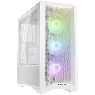 Biele PC skrine s priehľadným bočným panelom a tromi svietiacimi LED ventilátormi vpredu, ktoré svietia v rôznych farbách.